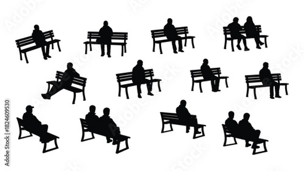 Obraz Silhouettes of people on benches isolated on white background, Vector
