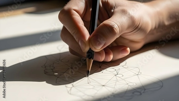 Obraz Hand holding pencil drawing on paper with sunlight and shadows