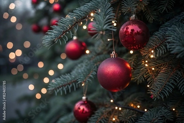 Fototapeta Christmas tree with red ornaments and warm lights, festive mood