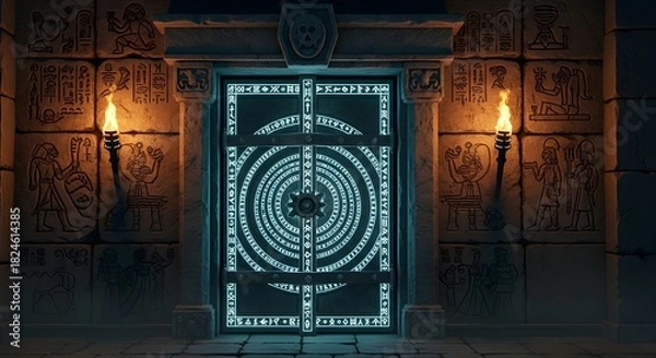 Obraz An ancient door with a glowing light emanating from its center, suggesting mystery and intrigue.