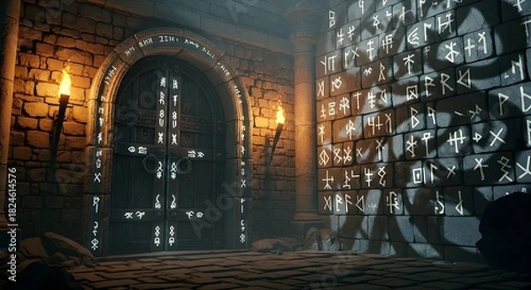 Obraz A dimly lit room featuring a door and a wall adorned with mysterious runes.