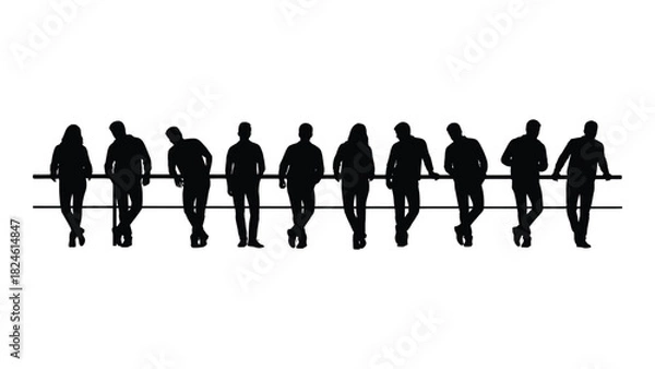 Obraz Group of people leaning on railing silhouettes isolated on white background, Vector