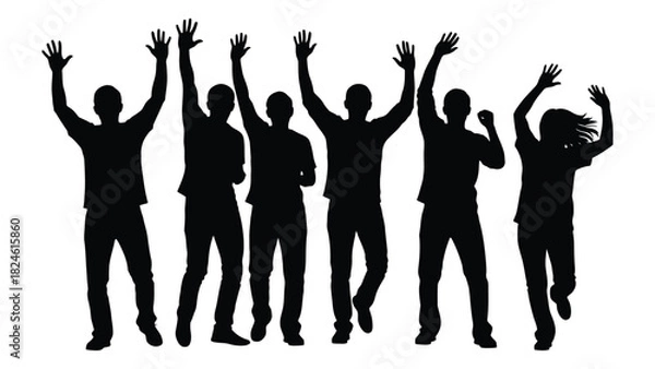 Obraz Happy people silhouettes with raised hands isolated on white background, Vector