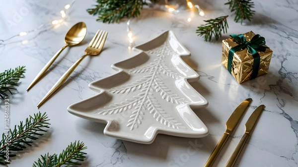 Obraz Festive christmas table setting with tree plate, gold cutlery, gift box and pine branches decor