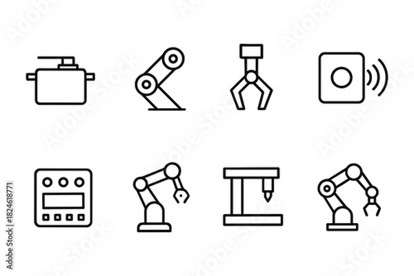 Fototapeta Minimalist icons of industrial robotic equipment for automation and technology