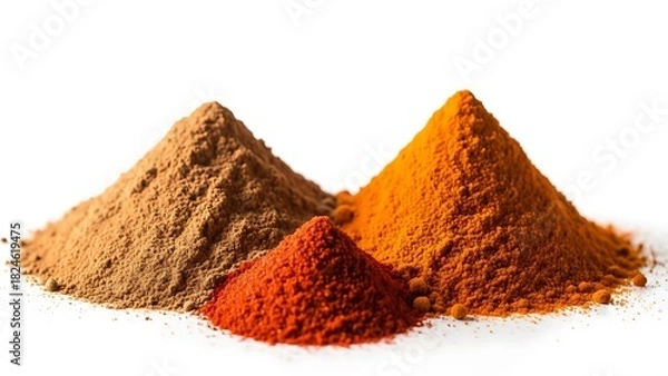 Fototapeta Three colorful piles of ground spices on a white background