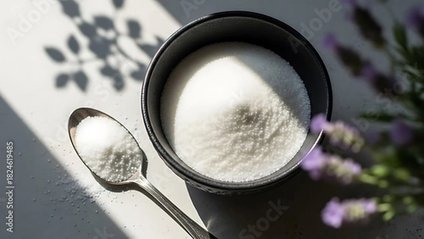 Fototapeta Collagen powder in a container with a spoon and lavender sprigs