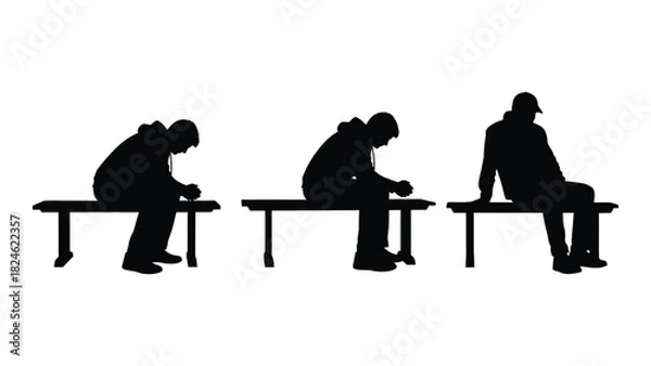 Obraz Silhouettes of people sitting on benches isolated on white background, Vector
