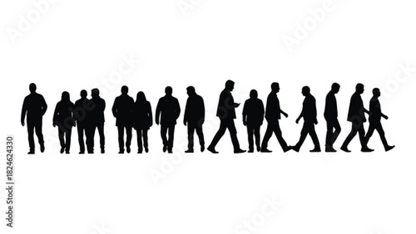 Obraz Diverse group of people walking silhouettes isolated on white background, Vector