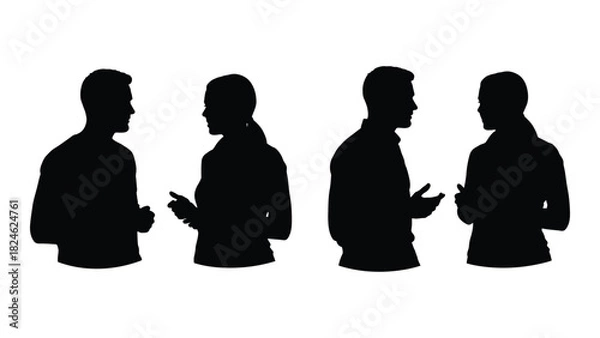 Obraz People silhouettes talking isolated on white background, Vector