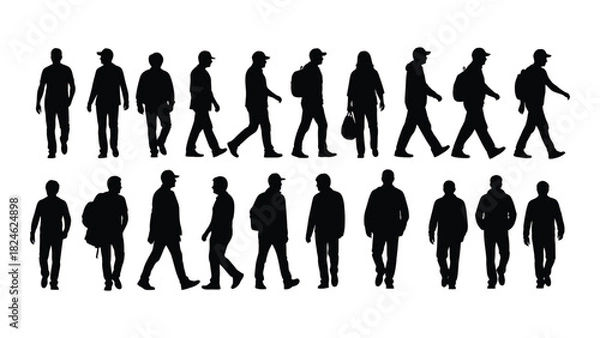 Obraz Set of walking people silhouettes isolated on white background, Vector