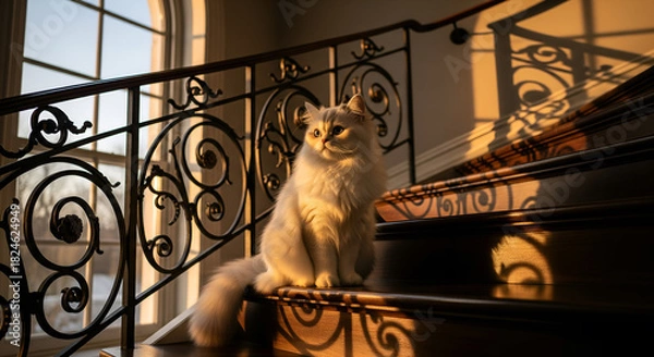 Obraz Majestic White Cat Sitting on a Grand Staircase with Sunset Sunlight and Shadows