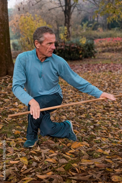Fototapeta Senior man performing tai chi moves with a wooden staff in a park environment