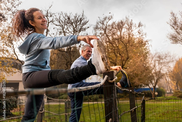 Fototapeta Senior couple enjoying leg stretches with smiling faces in an autumn park