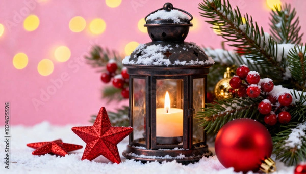 Fototapeta Lantern with candle surrounded by Christmas decorations in snow