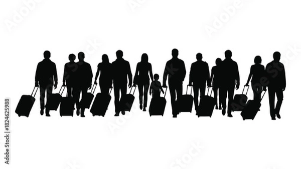 Obraz Traveling silhouettes with luggage isolated on white background, Vector