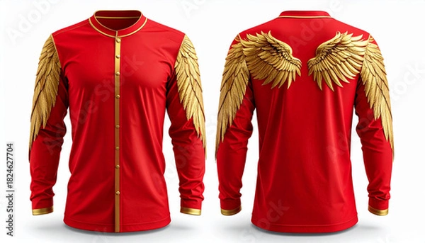 Fototapeta Phoenix Rising Shirt: A Bold Fusion of Red Fabric and Golden Wings, Captured in Dual View as a Symbol of Rebirth, Strength, and Cultural Elegance in Fashion and Identity
