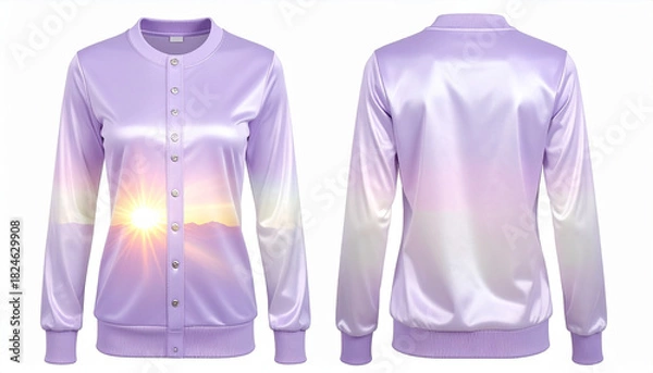 Fototapeta Sunset Horizon Bomber: A Lavender Satin Jacket Featuring Scenic Light and Landscape Imagery, Captured in Dual View for Nature-Inspired Fashion, Emotional Elegance, and Contemporary Visual Identity