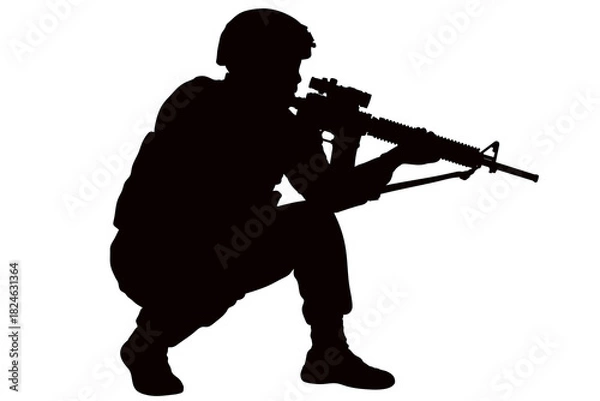 Fototapeta A silhouette of a soldier in military gear, holding a machine gun. Conducting a tactical operation in the army. A soldier undergoing military training. Military service.