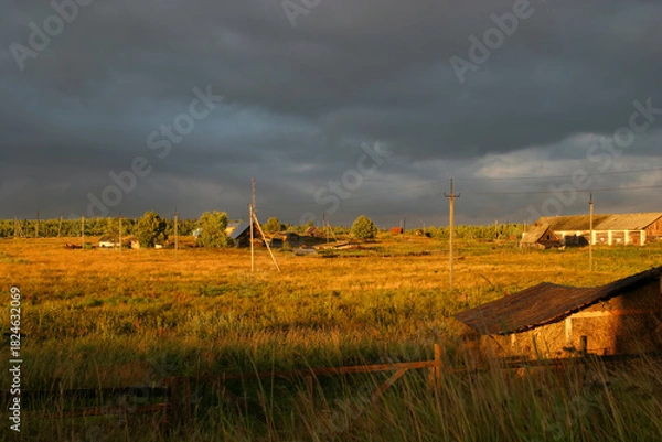 Obraz Golden rural landscape on Solovetsky Island with wooden houses, fields and dramatic storm clouds at sunset.