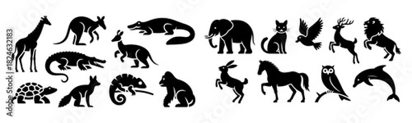 Obraz Silhouette icon collection of diverse animals including mammals reptiles birds and sea creatures in a simple black and white vector illustration