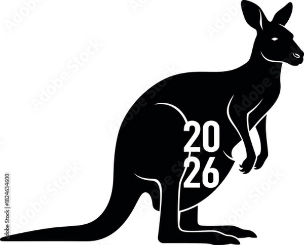 Fototapeta Vector Illustration of Kangaroo Silhouette with 2026 for Australian Sports, New Year & Future Event Design