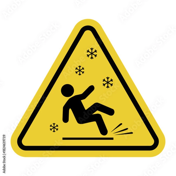 Fototapeta Slippery ice. Yellow warning triangle sign. Risk of slipping on icy surfaces. Risk of injury when walking on slippery surfaces.