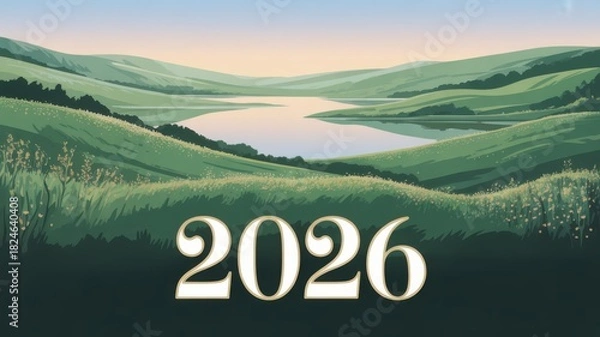 Obraz Scenic landscape with lake and green hills greeting card for year 2026 theme