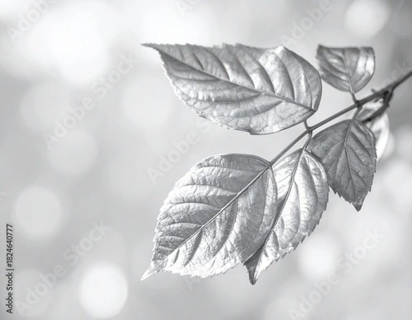 Obraz "Whispers in Silver: Leaves Framed by Bokeh Light"