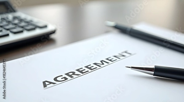 Fototapeta Flat lay of signed agreement, pen, and calculator on desk