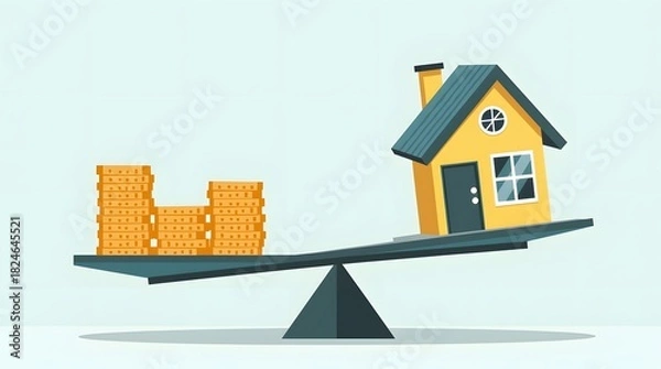 Fototapeta Illustration of scale balancing coins and house, finance vs property concept