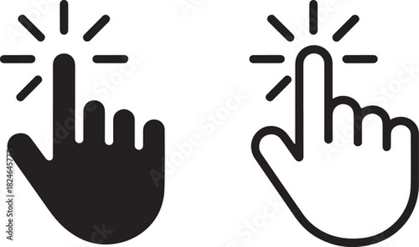 Obraz Two Hand Icons Pointing Finger, One Solid Black and One Outline, with Click Rays pointer