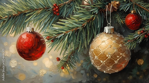 Obraz A christmas tree branch adorned with ornaments and berries in a festive holiday scene