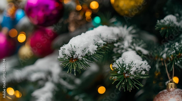 Fototapeta A close up of a christmas tree branch covered in snow with ornaments and lights blurred behind
