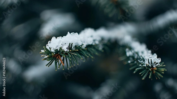 Fototapeta A close up of a snow covered pine branch against a blurred winter background outdoors