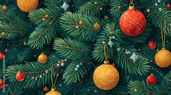 Fototapeta A detailed christmas tree with gold and red ornaments and small silver stars hanging