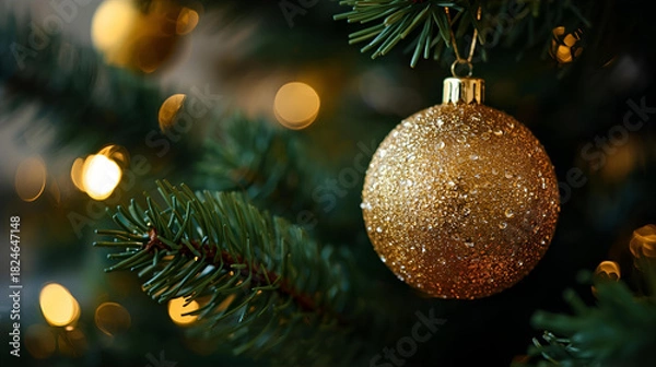 Fototapeta A close up of a gold christmas ornament hanging on a christmas tree with lights bokeh