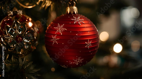 Fototapeta Close up shot of a red christmas ornament with snowflakes hanging on a christmas tree