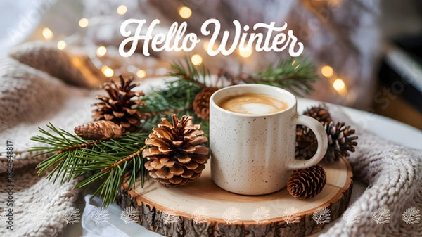 Obraz A cozy winter scene with coffee, pine cones, and a warm blanket with hello winter text overlay