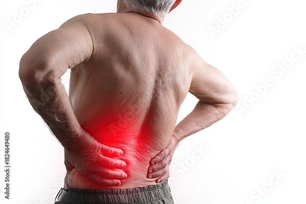 Fototapeta Elderly man experiencing back pain while standing in a bright room during daytime, highlighting discomfort and health concerns associated with aging