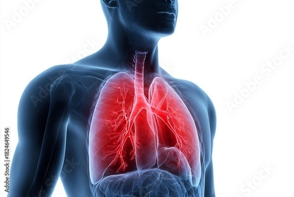 Fototapeta Understanding the human respiratory system with a focus on lung anatomy showing detailed vascular structures illuminated in red against a transparent backdrop