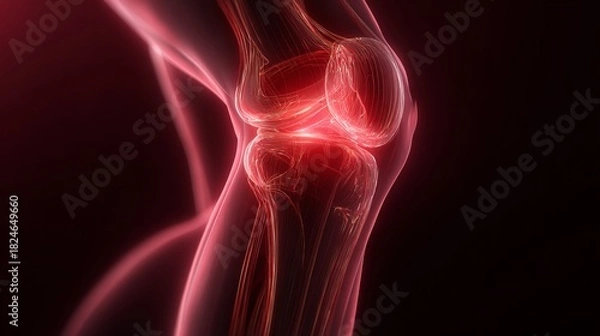 Fototapeta Explore the intricate details of a human knee joint illuminated with vibrant red hues, showcasing the internal structure and complexity of human anatomy