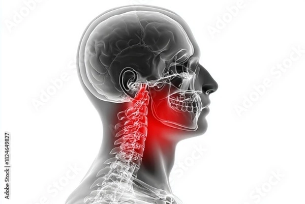 Fototapeta Understanding human anatomy through a detailed illustration of the skull, neck, and spine showcasing key structures and areas of potential pain