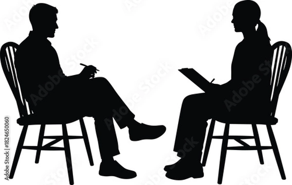 Obraz Two people silhouette sitting on chairs, job interview, counseling session, business meeting, man and woman talking, isolated on white background