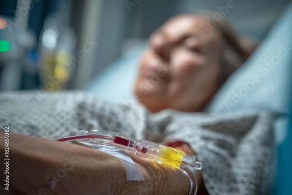 Fototapeta Hospital scene capturing a patient receiving medical treatment with IV fluid in a calm and caring environment during early morning hours