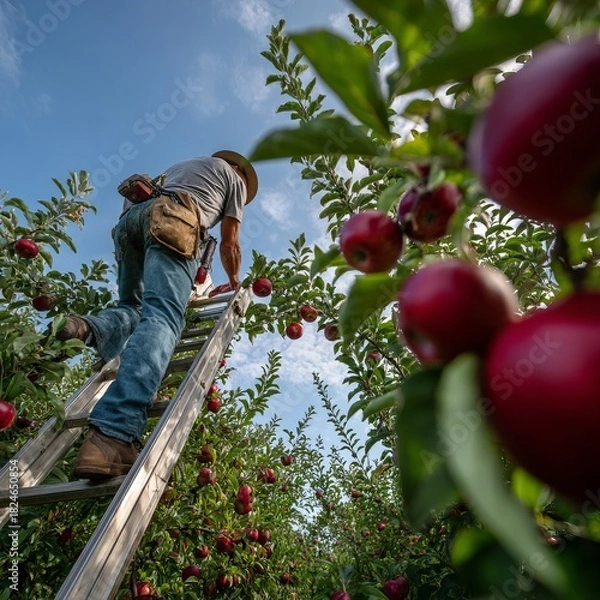 Fototapeta Apple picker climbs ladder in orchard under bright blue sky, harvesting ripe red fruit during sunny afternoon in late summer