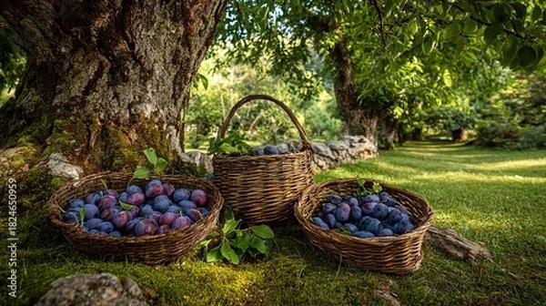 Fototapeta Plum harvest in a serene orchard surrounded by lush greenery and sunlight filtering through the trees, creating a calm and peaceful atmosphere for picking