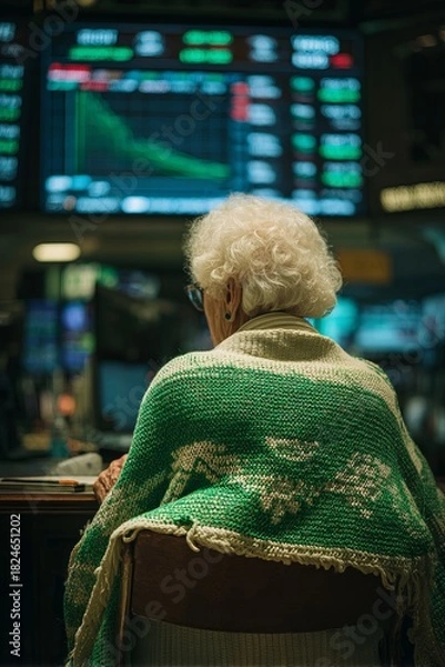 Fototapeta Elderly woman wrapped in a colorful shawl observes stock market trends during trading hours in a bustling financial district late in the afternoon