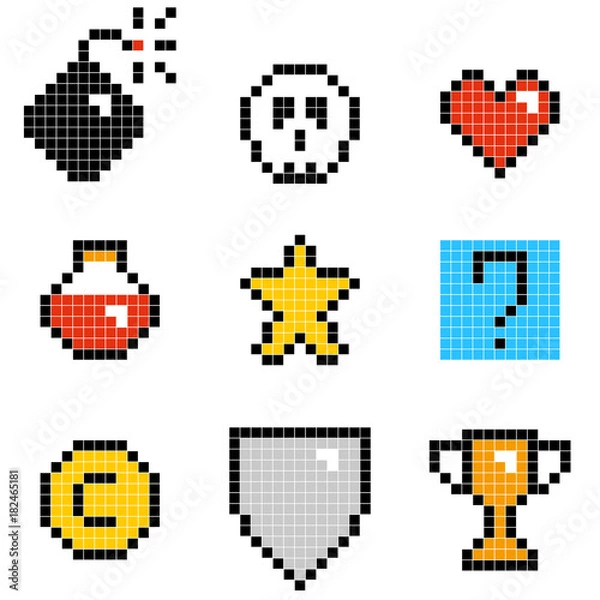 Obraz Flat simple illustration of set of minimalistic pixel art vector objects isolated on white background. Color icons in the 8 bit style. Colorful pixel graphic symbols group collection. Vector image.