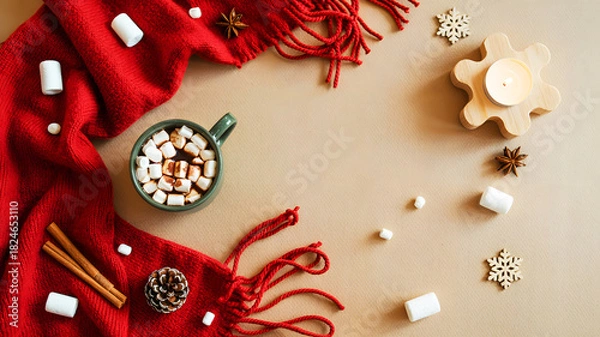 Obraz Overhead shot of a mug with marshmallows, a red scarf, and winter decorations on a beige surface